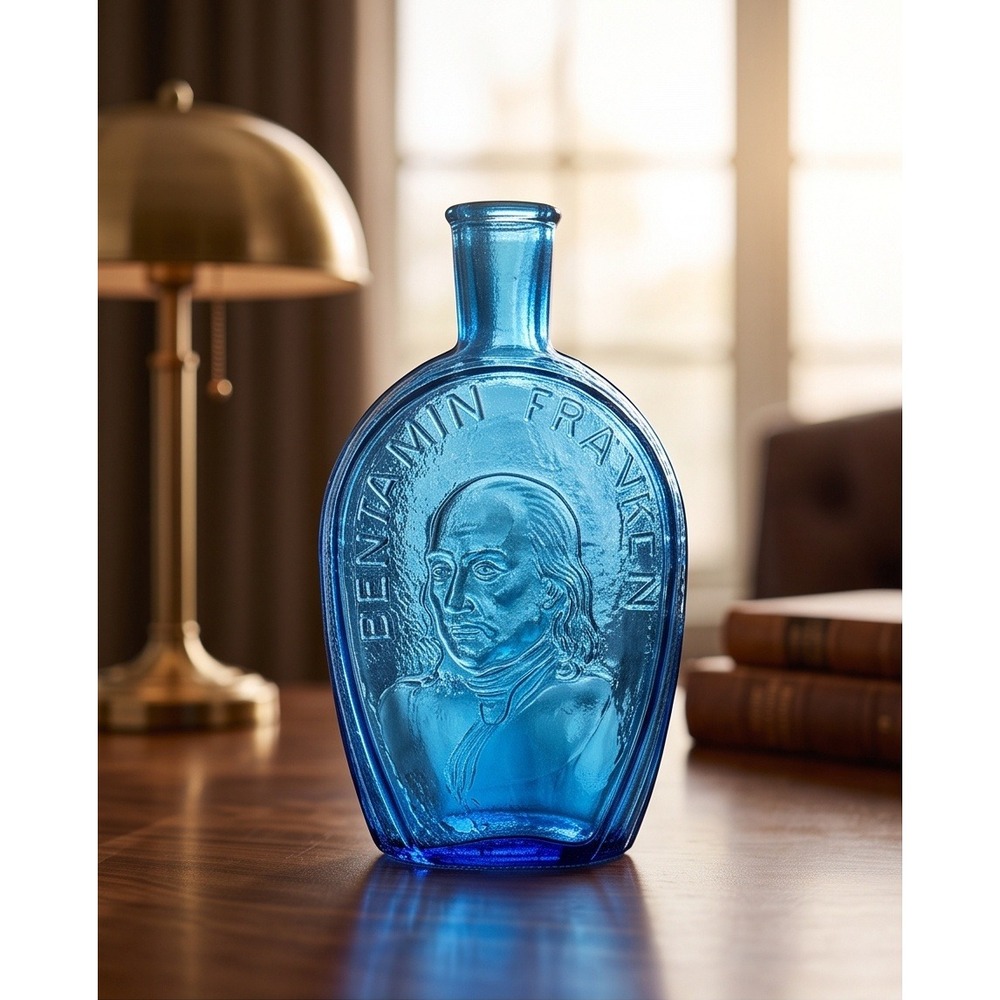 Vintage Wheaton NJ Blue Glass Benjamin Franklin Flask Bottle Millville NJ 8"